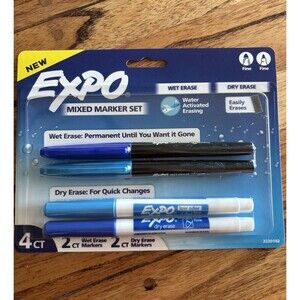 Expo Mixed Marker Set 4 Count Blue Wet Erase Dry Erase Fine Tip